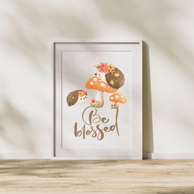 Höstblommor: Baby Hedgehogs & Mushroom Art Poster (Skapare uppladdad)