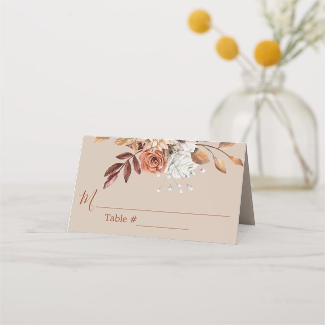 Höstblommor Beige Bröllopsplatskort Placeringskort (Framsida)