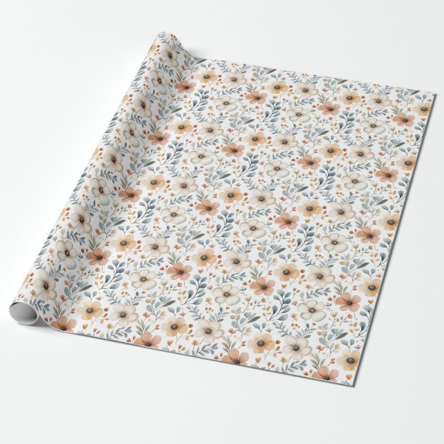 Höstblommor & blad på vit presentpapper (Utrullad)