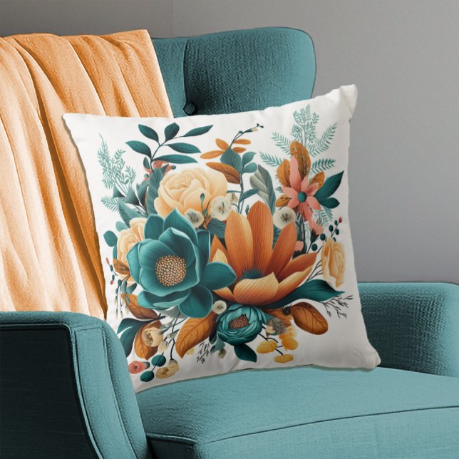 Höstblommor Bohemian Teal Orange Kudde (Skapare uppladdad)