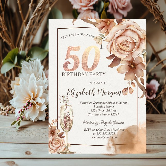 Höstblommor, Champagneglas Guld 50-års  Inbjudningar (Skapare uppladdad)