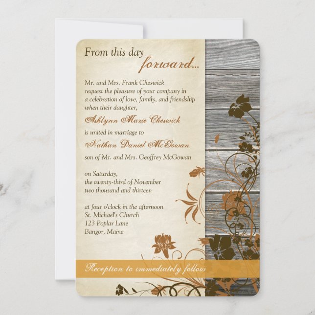 Höstblommor, FAUX Wood & Parchment Bröllop Inbjudningar (Framsida)