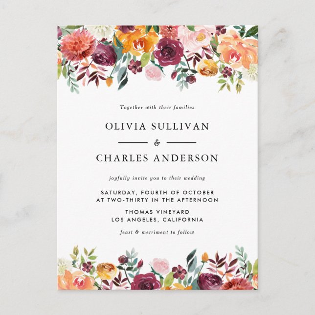 Höstblommor för vattenfärg QR-kod för bröllop Inbjudan Vykort (Framsida)