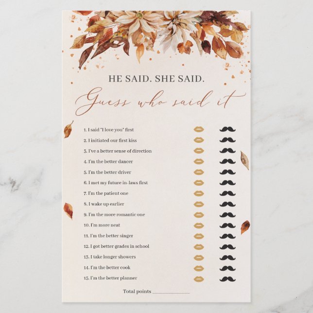 Höstblommor Han sa Hon sa Bröllopsduschspel (Framsida)