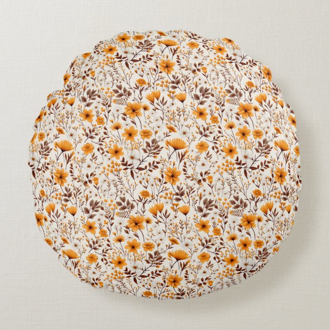 Höstblommor och Löv för vattenfärg Rund Kudde (Framsidan)