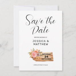 Höstblommor och träskylt spara datumet