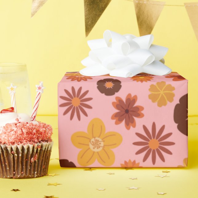 Höstblommor Seamless Pinky Fall Birthdays Presentpapper (Födelsedagsfest)