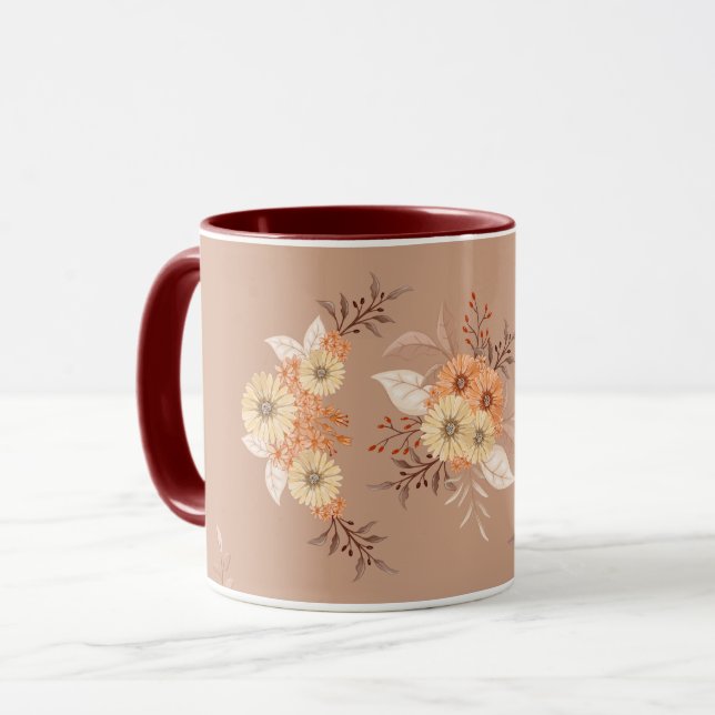 Höstblomning – Varm Beige & Orange Blommig Konst Mugg (Framsida vänster)