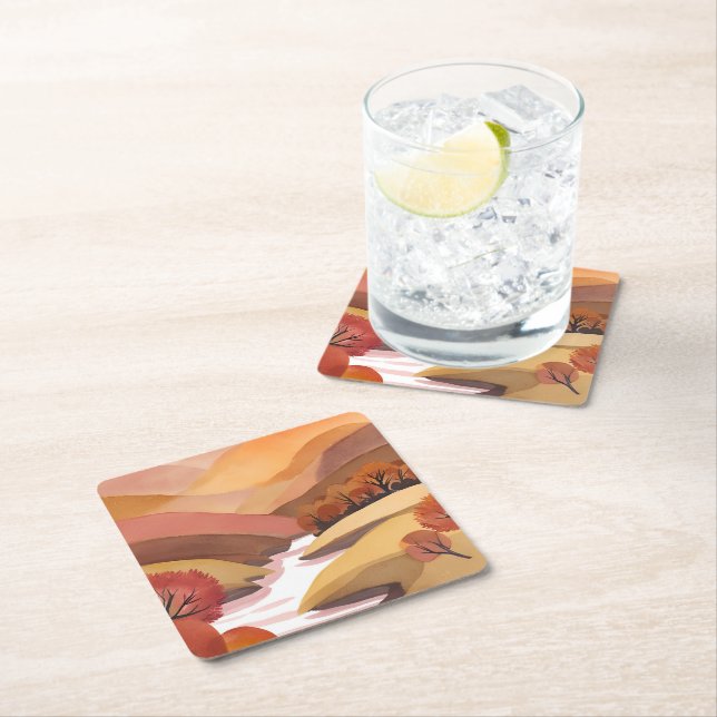 Höstbostad | Höstfärger Vattenfärg Landskap Underlägg Papper Kvadrat (Insitu)