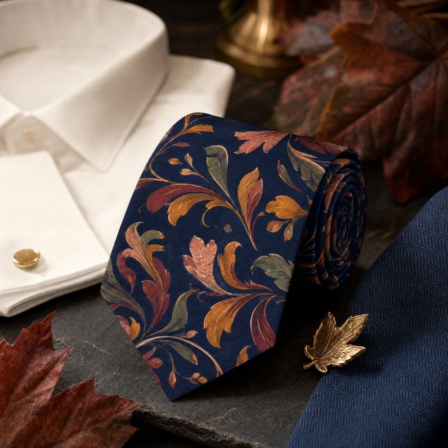 Höstbotaniskt mönster – djupblått slips (Autumn Botanical Pattern – Deep Navy Neck Tie)