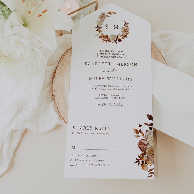 Höstbröllop (Rustic Boho Fall Wedding Mongrammed All In One Invitation by Painted Paperie
)