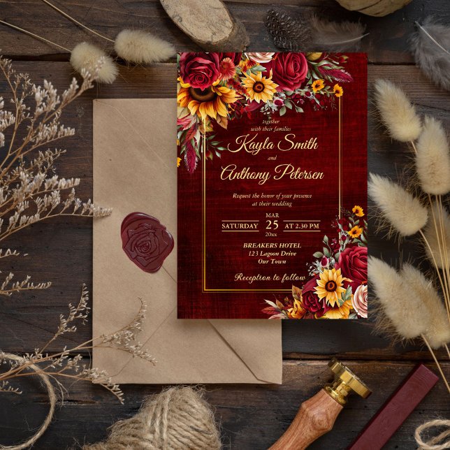 Höstbröllop burgunderröda rosor gula solrosor inbjudningar (Fall rustic cottagecore wedding burgundy roses yellow sunflowers invitation template digital downloa)