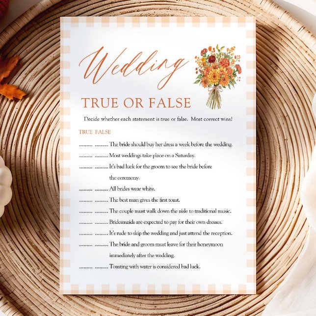 Höstbröllop Sant eller falskt Bröllopsduschspel Inbjudningar (Fall Wedding True or False Bridal Shower Game)