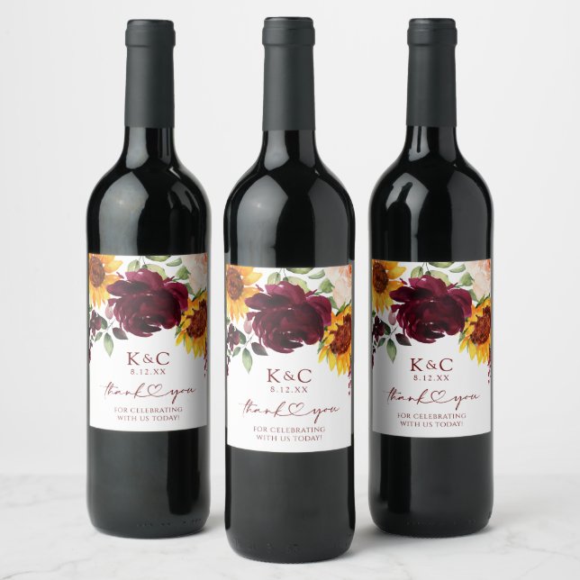 Höstbröllop Solros och Rosor Burgunder Vin Lab Vinflaska Etikett (Flaskor)