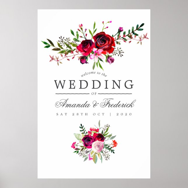 Höstbröllop Vattenfärg Blommig Välkomstskylt Poster (Framsidan)