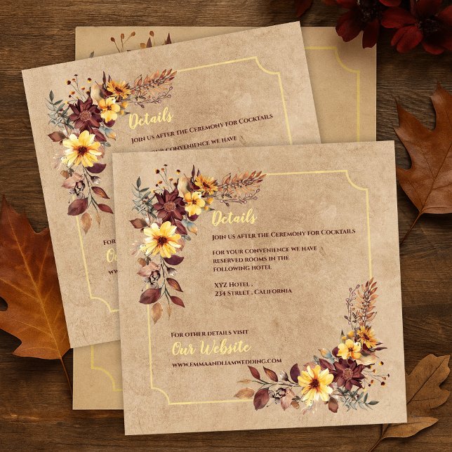 Höstbröllopsbröllop för Blommigtar och inkvarterin Tilläggskort (Autumn Florals & Accommodation Info Fall Wedding Enclosure Card)