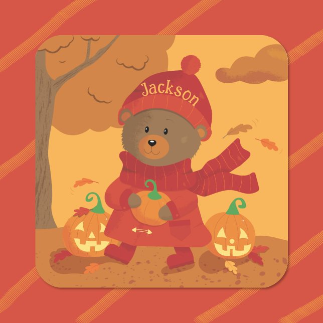 Höstbrunbjörn Barn Klistermärke (Cute brown bear with pumpkin kid autumn sticker .)