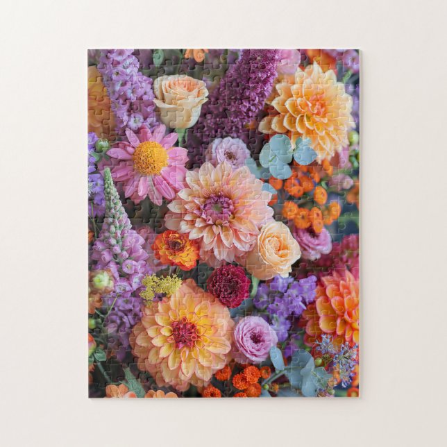 Höstbukett med dalior, freesian och gerbera pussel (Vertikal)