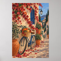 Höstby gata med cykel och pumpor