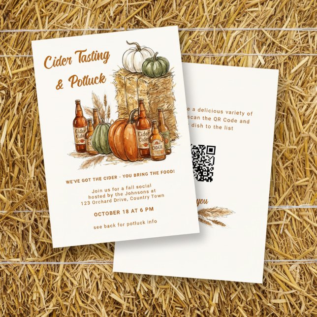 Höstciderprovning och Potluck-bål Socialt eveneman Inbjudningar (Rustic Potluck with QR code fall invitation, with cider and pumpkin design by Darling & May)