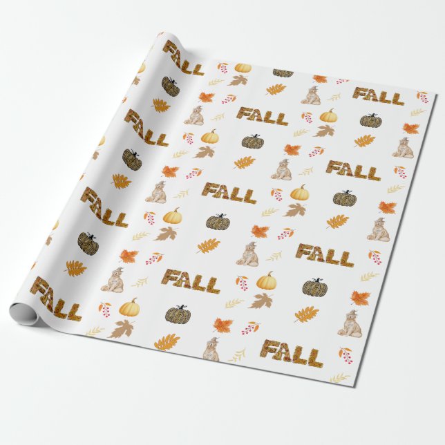 Höstcollage med pumpor, gyllene blad, valp presentpapper (Utrullad)