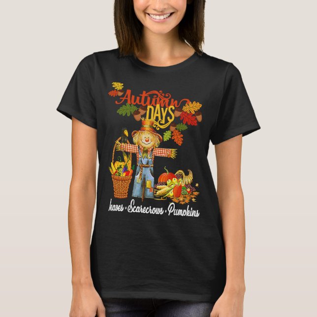 Höstdagar Löv Fågelskrämmas Pumpkins Fall Tack T Shirt (Framsida)