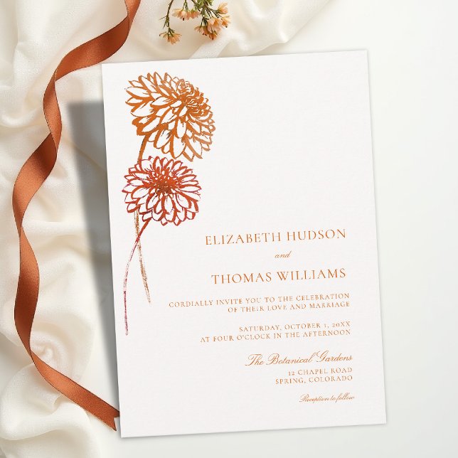 Höstdahlior Bränd Koppar Skiss Modern Bröllop Inbjudningar (fall wedding invitation floral sketch burnt copper terracotta brown aesthetic template card modern)