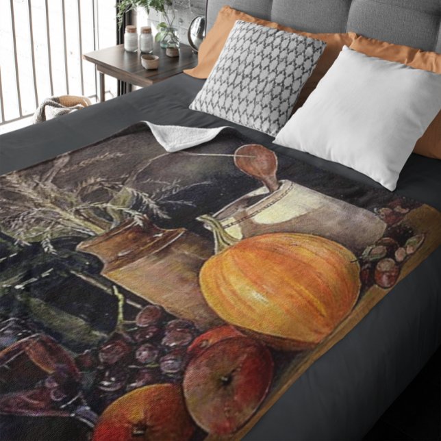 HöstDekorationer på Bord, Pumpkin, Fruit, Drink Fleecefilt (Autumn Decorations on Table, Pumpkin, Fruit, Drink Fleece Blanket)