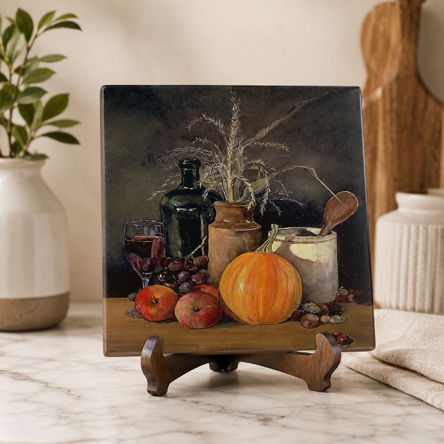 Höstdekorationer på bordet, pumpa, frukt, dryck kakelplatta (Autumn Decorations on Table, Pumpkin, Fruit, Drink Ceramic Tile)