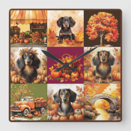 Höstdiagram: Dachshunds och Fall Scenes Fyrkantig Klocka