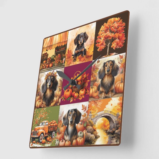 Höstdiagram: Dachshunds och Fall Scenes Fyrkantig Klocka (Vinkel)