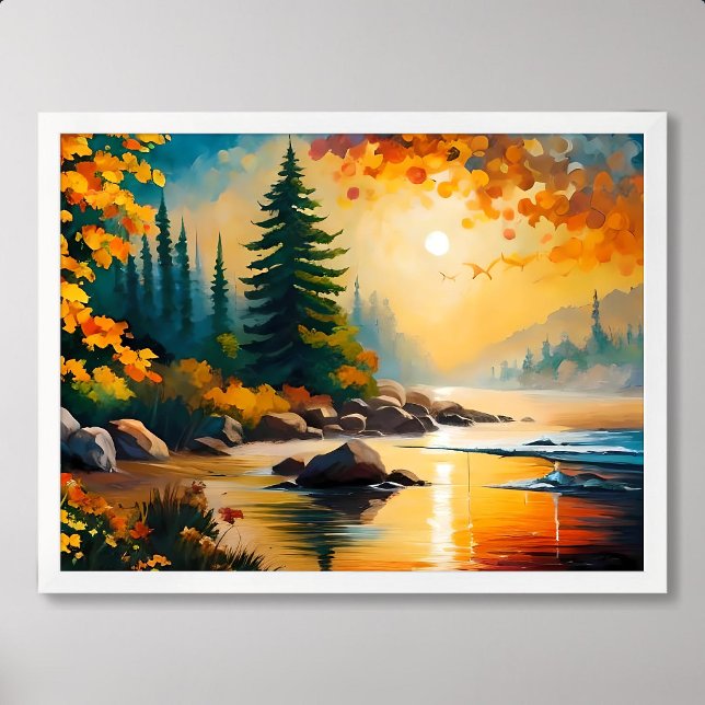 hösteftermiddag för avgivande av bergig gräs-skog poster (river painting rocky pine forest autumn afternoon)