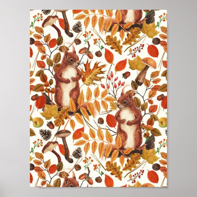 Höstekorrar och höstflora på offwhite poster (Framsidan)