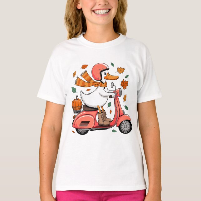 Hösten Anka Vespa Pumpkin Scooter Ride Höst löv T Shirt (Framsida)