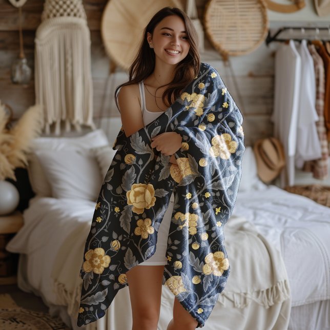 Hösten Art nouveau Gult Blommigt Vine Fleecefilt (Skapare uppladdad)