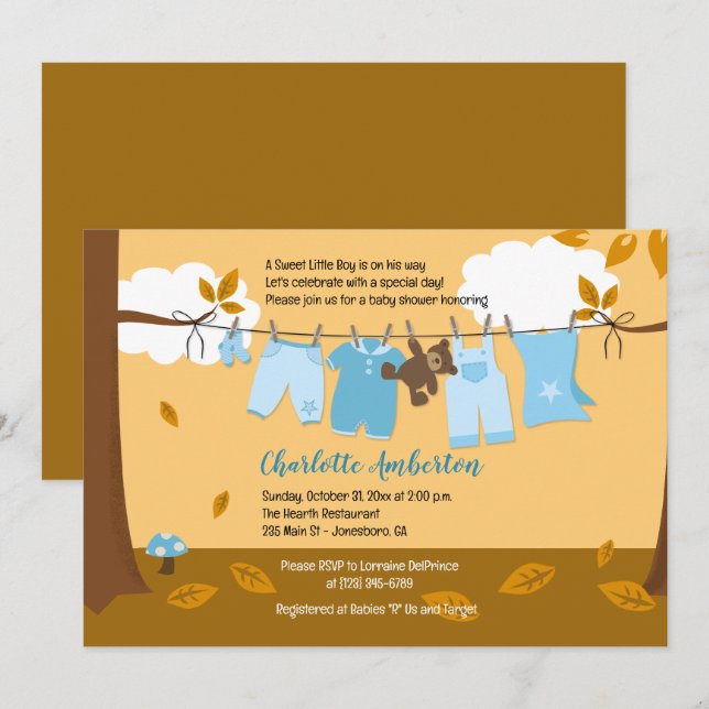 Hösten Baby Clothesline Blue BOY 5x7 Baby Shower Inbjudningar (Fram/baksida)