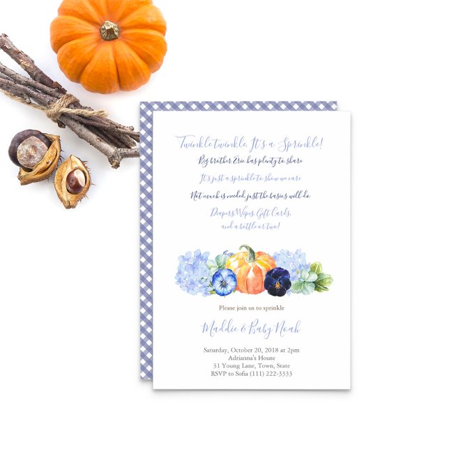 Hösten Baby Sprinkle for Boy, Pumpkin Blue blommig Inbjudningar (Country blue floral pumpkin Baby Sprinkle Party for boy invitation)