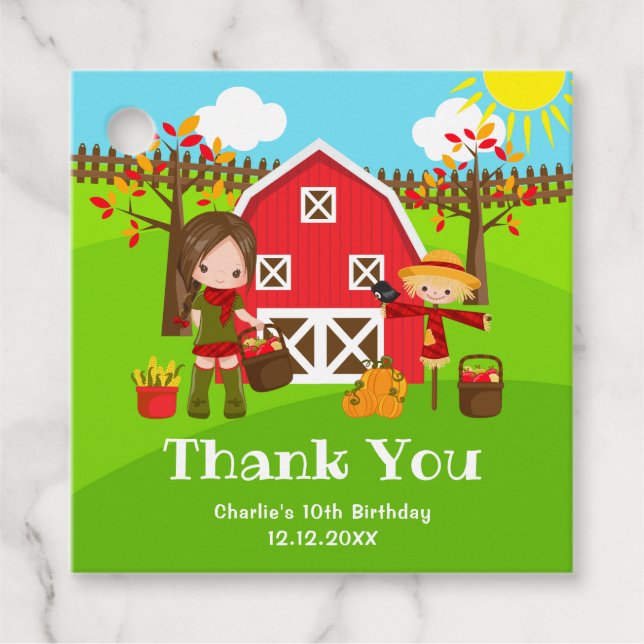 Hösten Barnyard Birthday Brown Hair Girl Tack Gåvor Etiketter (Framsida)