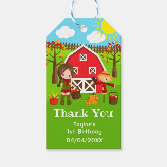Hösten Barnyard Birthday Brown Hair Girl Tack Presentetikett (Framsidan)