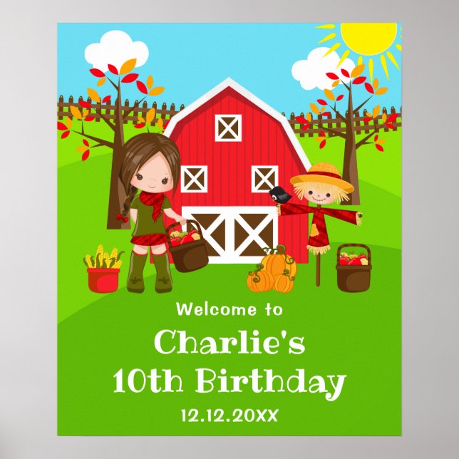 Hösten Barnyard Birthday Brown Hair Girl Välkommen Poster (Framsidan)