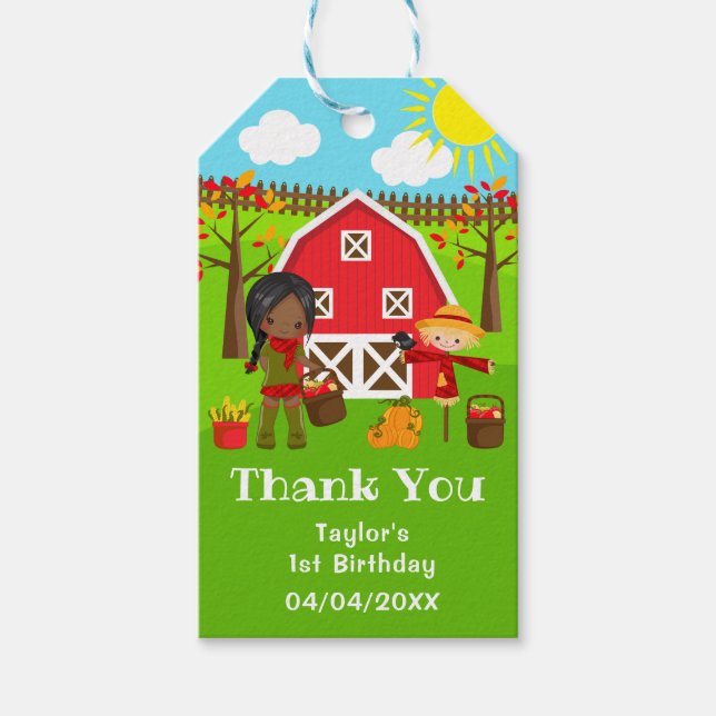 Hösten Barnyard Birthday Mörk Skin Girl Tack Presentetikett (Framsidan)