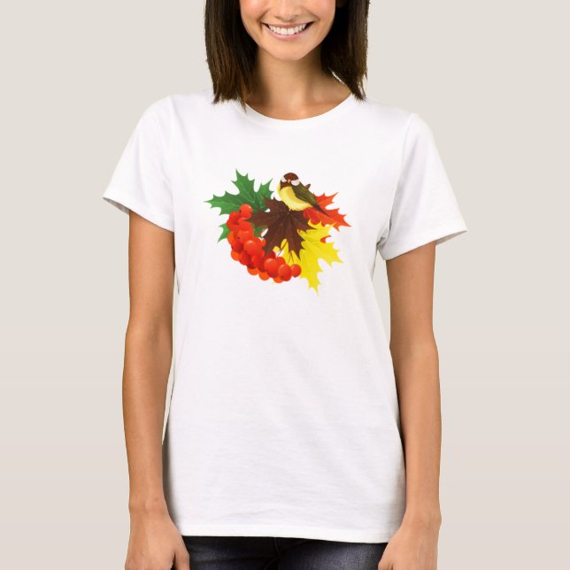 Hösten Bird, Löv och Berries T-shirt (Framsida)
