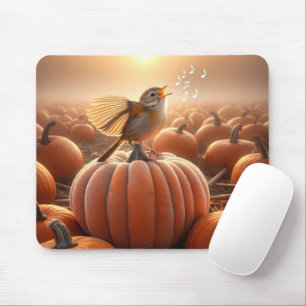 Hösten Bird Singing på en Pumpkin Musmatta