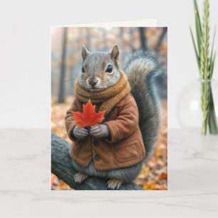 Hösten Birthday Squirrel Holding a Red Maple Löv Kort