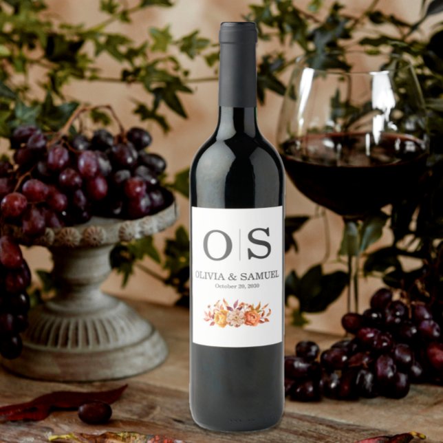 Hösten Blommigt Bröllop Monogram Personalize Flask Vinflaska Etikett (Skapare uppladdad)