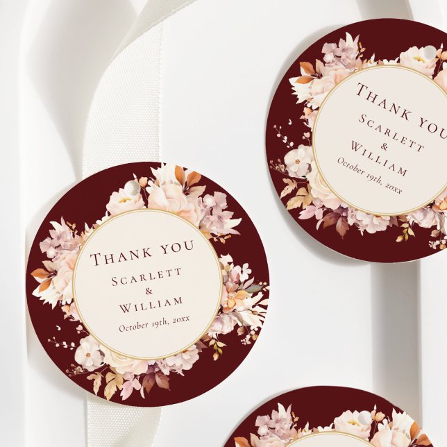 Hösten Blommigt Burgundy Cream Bröllop Tack Gåvor Etiketter (Skapare uppladdad)