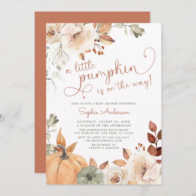 Hösten Blommigt En liten knumpkin Fall Baby Shower Inbjudningar (Fram/baksida)