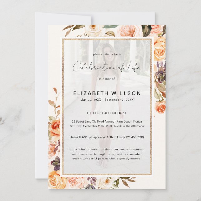 Hösten Blommigt Firande i livets begravningsfoto Inbjudningar (Framsida)