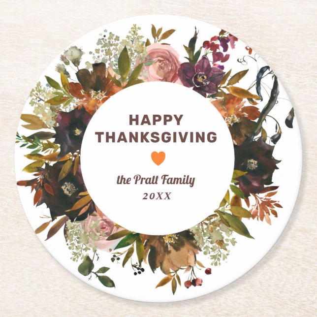 Hösten Blommigt Happy thanksgiving Underlägg Papper Rund (Framsidan)