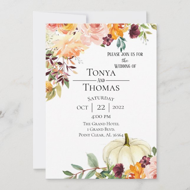 Hösten Blommigt och Pumpkin Bröllop Inbjudningar (Framsida)